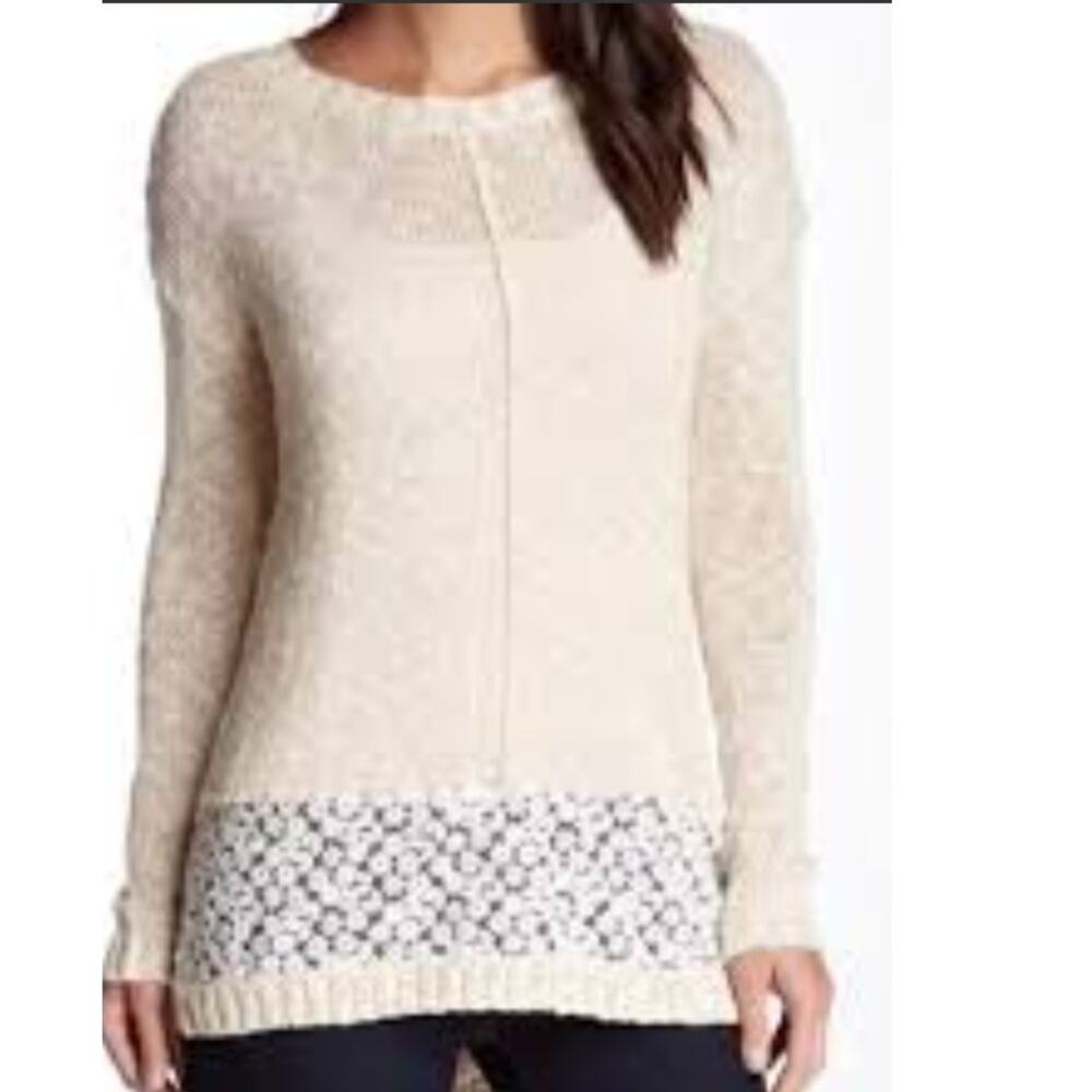 Olivia Sky Womens MED Sweater Daisy Slub Knit Tan Floral Lace Hem 100% Cotton